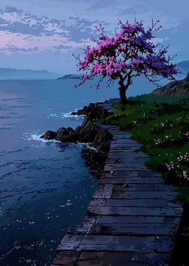 Serene Cherry Blossom Path by the Sea