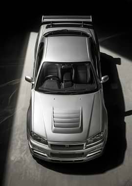 Silver Nissan Skyline R34 GT-R Top View poster