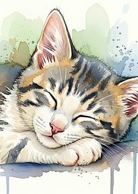 Sleeping Kitten Watercolor Painting