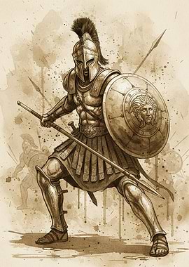 Ancient Greek Warrior with Shield and Spear