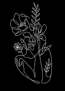 Abstract Line Art Woman with Flowers