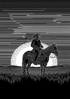 Cowboy Riding Horse at Sunset