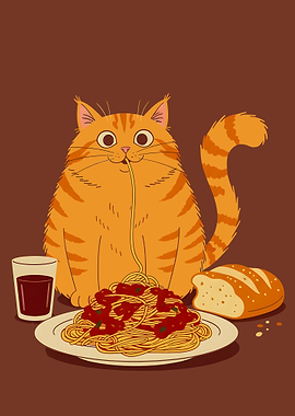 Cat eating spaghetti