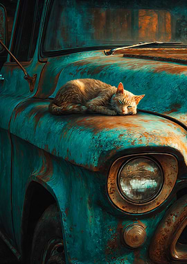 Cat Sleeping on Rusty Truck