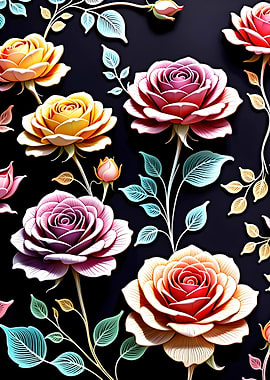 Vibrant Roses Patterns on Black Background