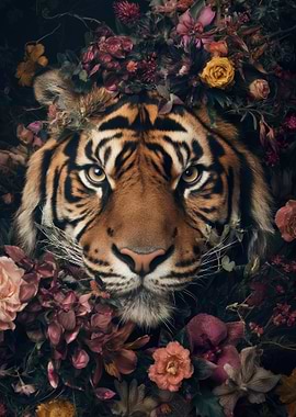 Tiger Surrounded by Dark fFowers