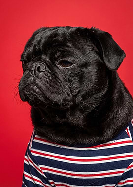 Black Pug Wearing Striped Shirt