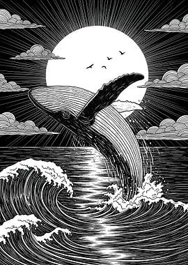 Whale breaching in front of the sun
