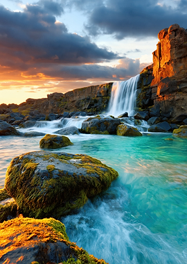 Golden Hour Waterfall in Iceland