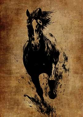 Black Horse Running on Textured Background