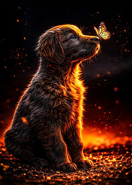 Puppy and Butterfly in Fiery Glow