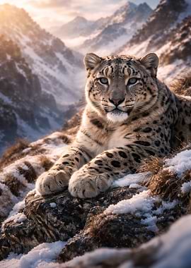 Snow Leopard in Snowy Mountains