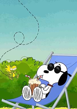 Snoopy and Woodstock relaxing outdoors