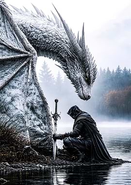 Dragon and Knight in Misty Forest