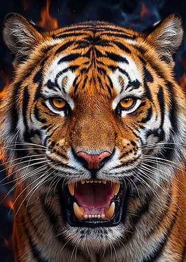 Fierce Tiger Roaring with Flames