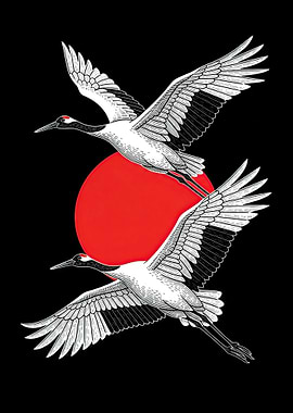 Two Cranes Flying Over Red Sun