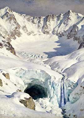 Snowy Mountain Landscape with Glacier Cave