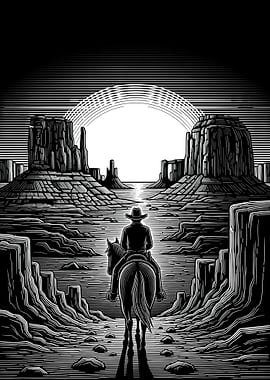 Cowboy Riding Horse in Desert Landscape