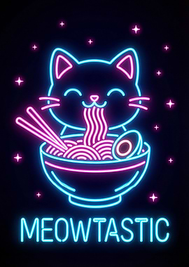 Neon Cat Eating Ramen