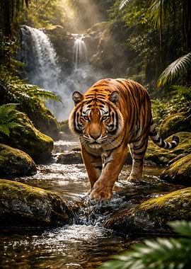 Tiger walking through a stream