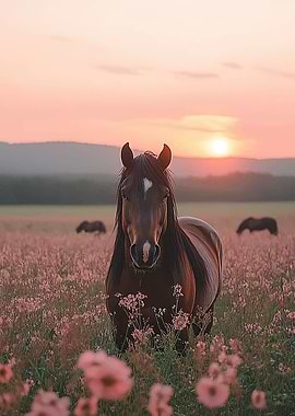 Horse in a field at sunset