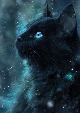Black Cat with Blue Eyes in Space