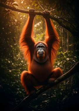 Orangutan hanging from a tree branch