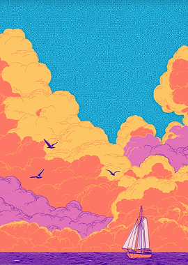 Sailboat on a vibrant sea with colorful clouds