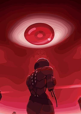 Sci-fi warrior facing a giant red eye