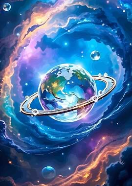 Planet with Rings in Nebula