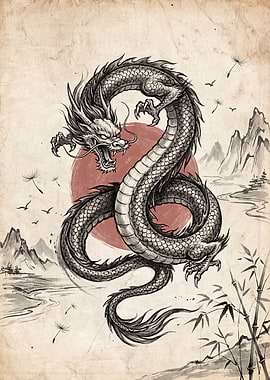 Japanese Dragon with Red Sun