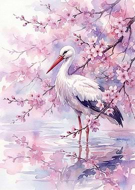 Stork Among Cherry Blossoms