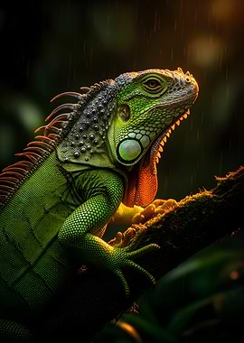 Green Iguana in Rain