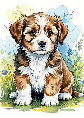 Watercolor Puppy in a Field