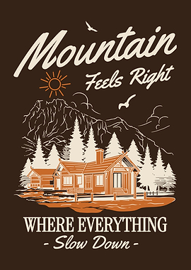 Mountain Cabin Poster Vintage Engraving Style Nature Landscape Wall Art Cozy Home Decor