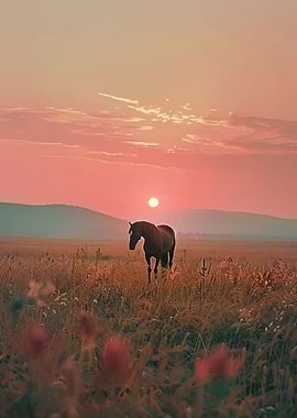 Horse in a sunset field