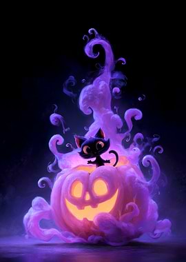 Cute Black Cat on a Spooky Pumpkin