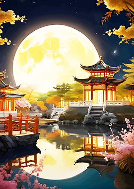 Serene Japanese Garden Under a Full Moon