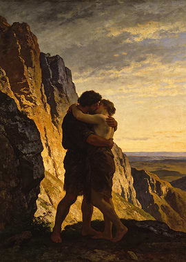 Couple kissing on a cliff at sunset