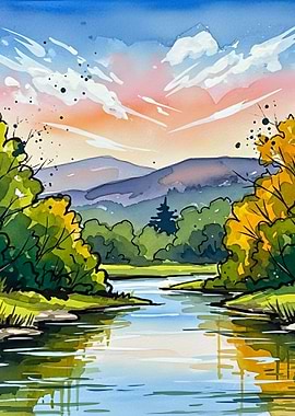 Watercolor Landscape of a River and Mountains