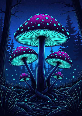 Glowing Mushrooms in a Dark Forest