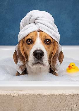 Beagle Dog in Bathtub with Towel