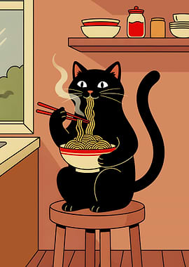 Black Cat Eating Noodles