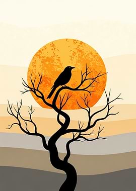 Black bird on a tree with orange moon