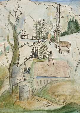Winter Village Scene with Figures