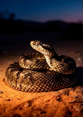 Rattlesnake coiled on sand at dusk