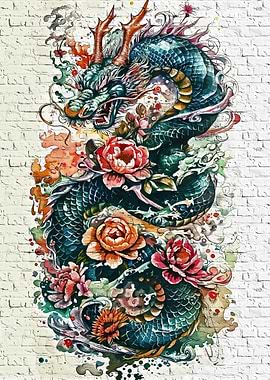 Dragon and Flowers Tattoo Art