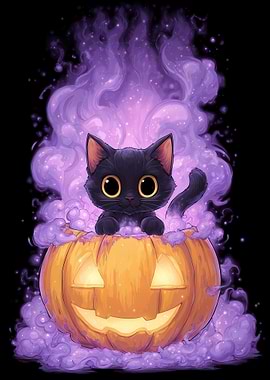 Cute Black Cat in a Pumpkin