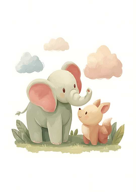 Cute Elephant and Fox with Clouds