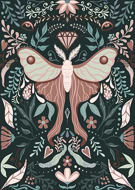 Mystical Moth and Floral Art, folk art